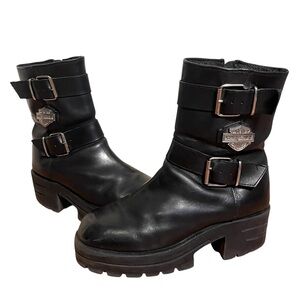 Harley-Davidson Black Leather Combat Moto Boots with Buckles